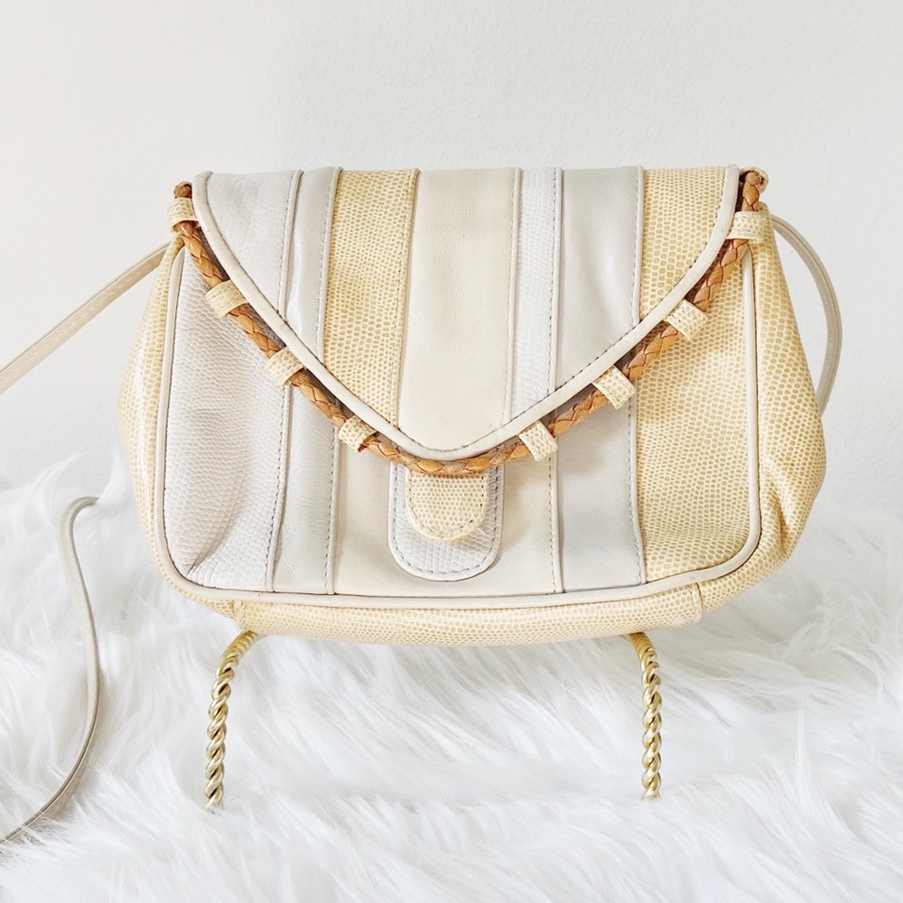 Vintage 1970s Faux Leather Beautiful Striped Cream Crossbody Clutch Bag